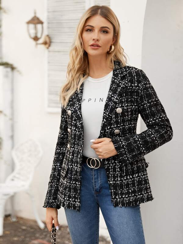 Plaid Double Breasted Tweed Blazer | SHEIN