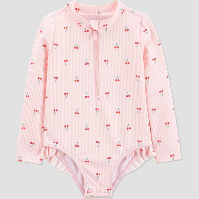 Carter's Just One You® Toddler Girls' Long Sleeve Cherry Striped One Piece Rash Guard Swimsuit - Pink 3T | Target