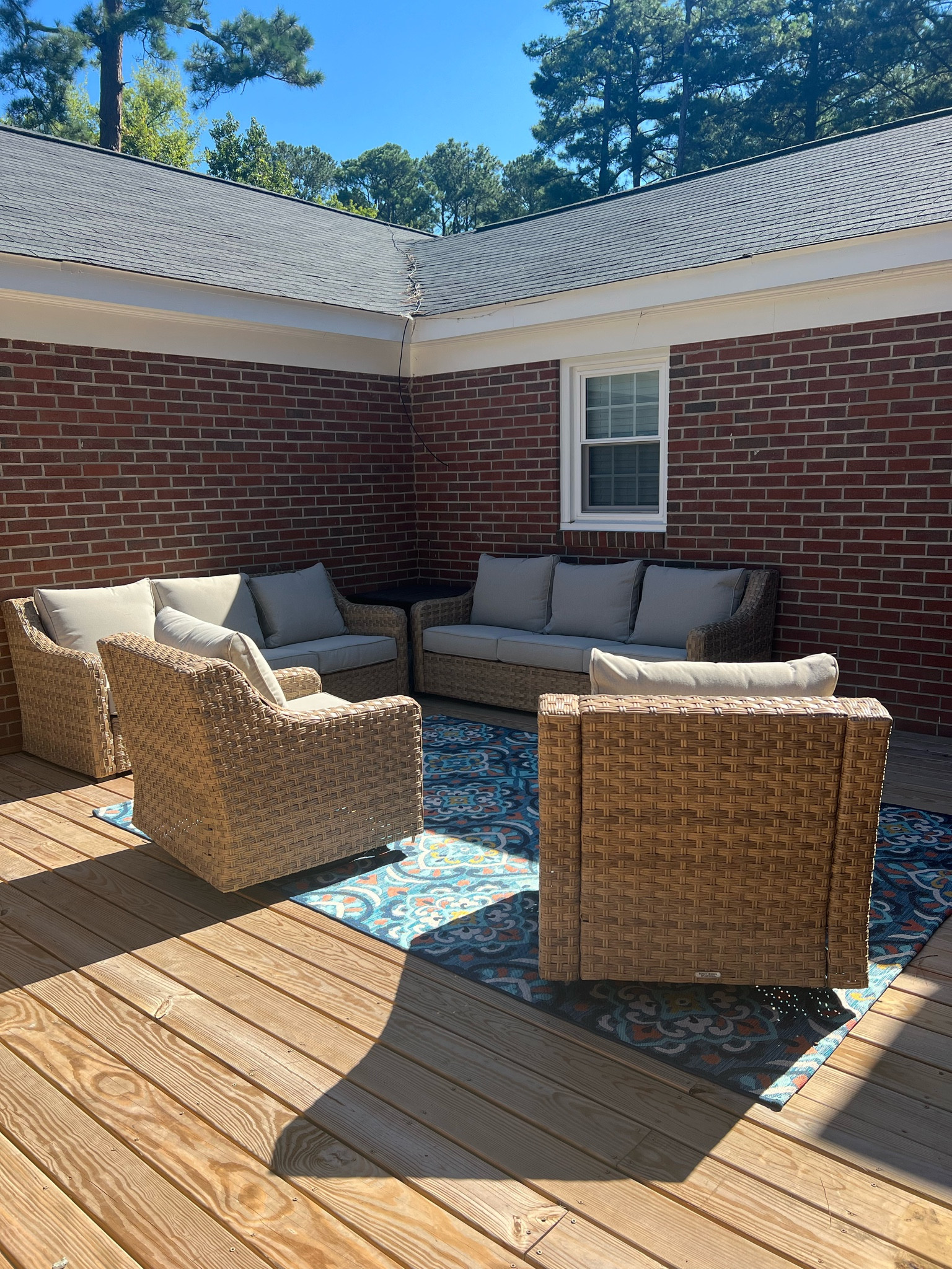 Run don’t walk!! These are on sale!! We got the Better Homes and Gardens River Oaks outdoor furniture yesterday, and I’m so obsessed!! We bought two couches (sold separately) and a set of 2 swivel/rocking chairs. The couches each come with a set of 2 nesting tables, and each piece of furniture comes with a cover! They are super sturdy, and not a headache to put together! 

Also loving the Better Homes and Gardens outdoor rug that I purchased, with teal, navy, orange, yellow, and a lighter blue! 

We can’t wait to entertain on our deck soon! 

#LTKhome #LTKparties #LTKSeasonal