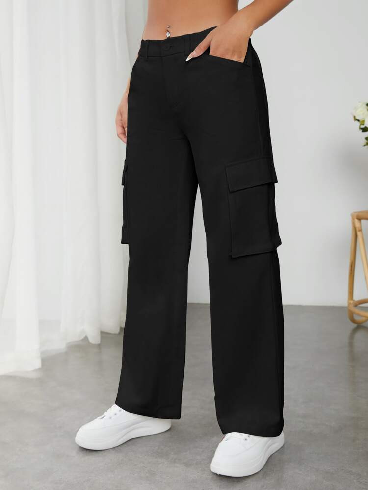 SHEIN PETITE Solid Flap Pocket Zipper Fly Pants | SHEIN