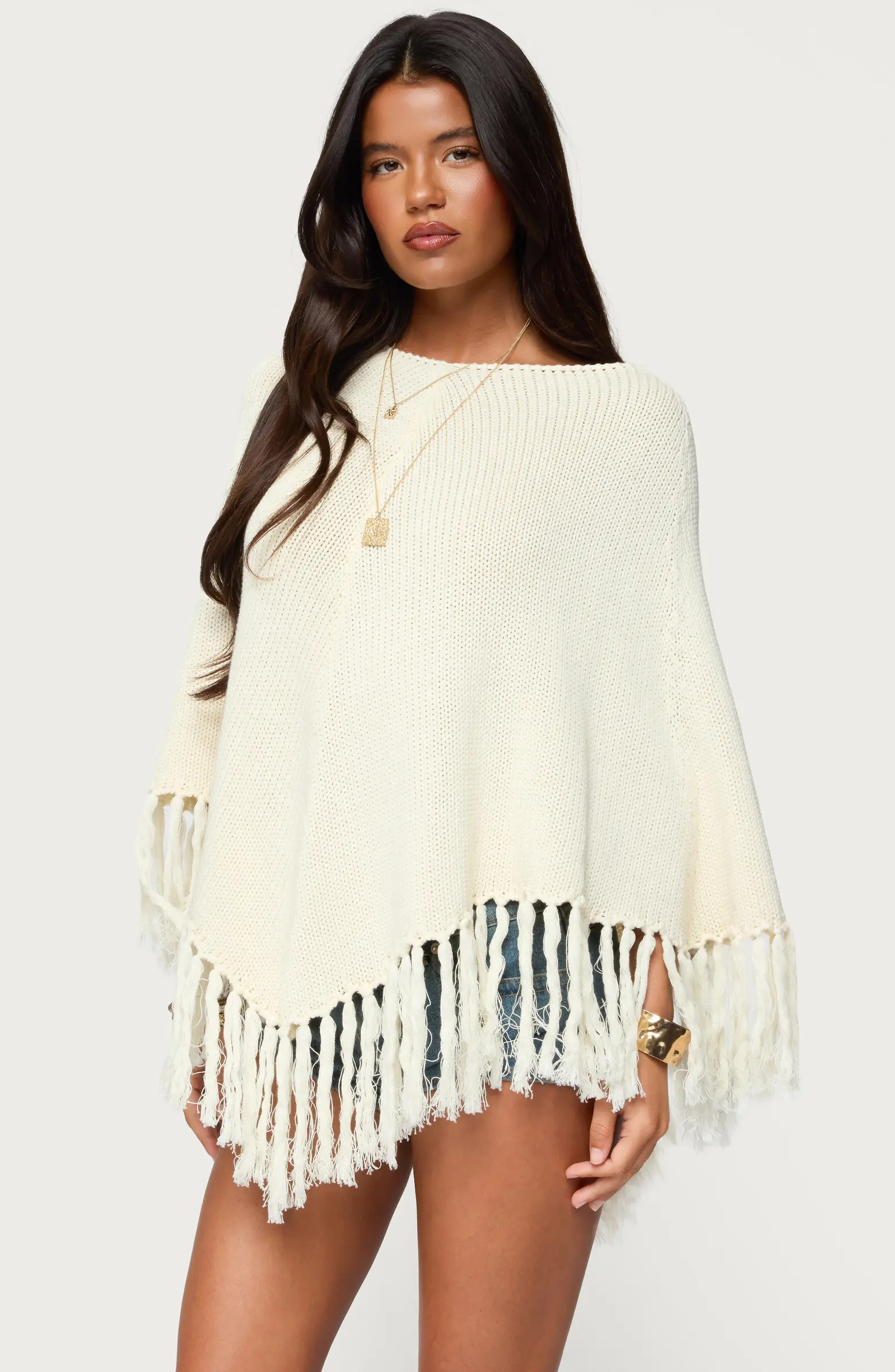 Kamila Fringe Trim Cotton Poncho | Nordstrom