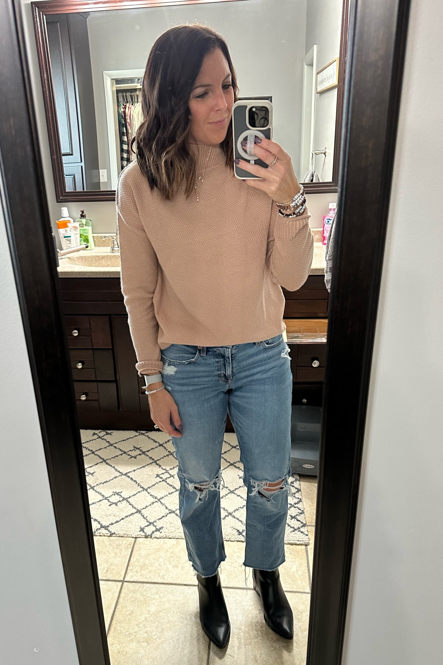 Mock Sweater from Amazon…true to size…over 30 colors 
Jeans, true to size…I cut bottoms off and love them better frayed

#amazon #americaneagle

#LTKfindsunder50