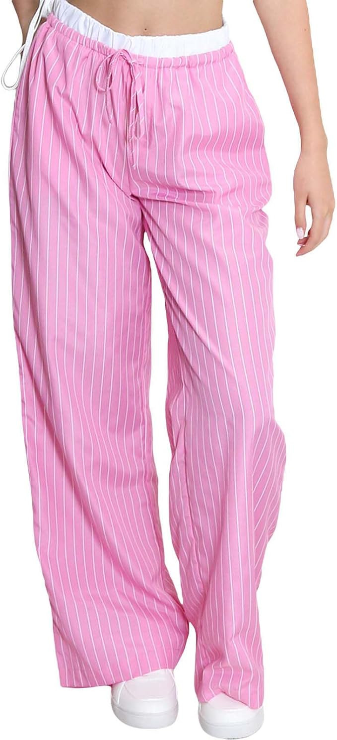 Women Striped Pants Fake Two-Piece High Waist Drawstring Straight Leg Trousers with Pockets | Amazon (US)