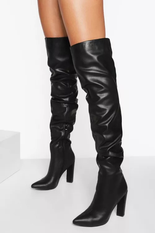 Ruched Thigh High Block Heel Boots | Boohoo.com (UK & IE)