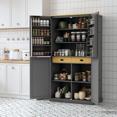 Okak Modern 71.3" Freestanding Tall Cupboard Dining Room Cabinet with Storage, 2 Adjustable Shelves, 8 Door Shelves for Kitchen Living Room, Gray | Target