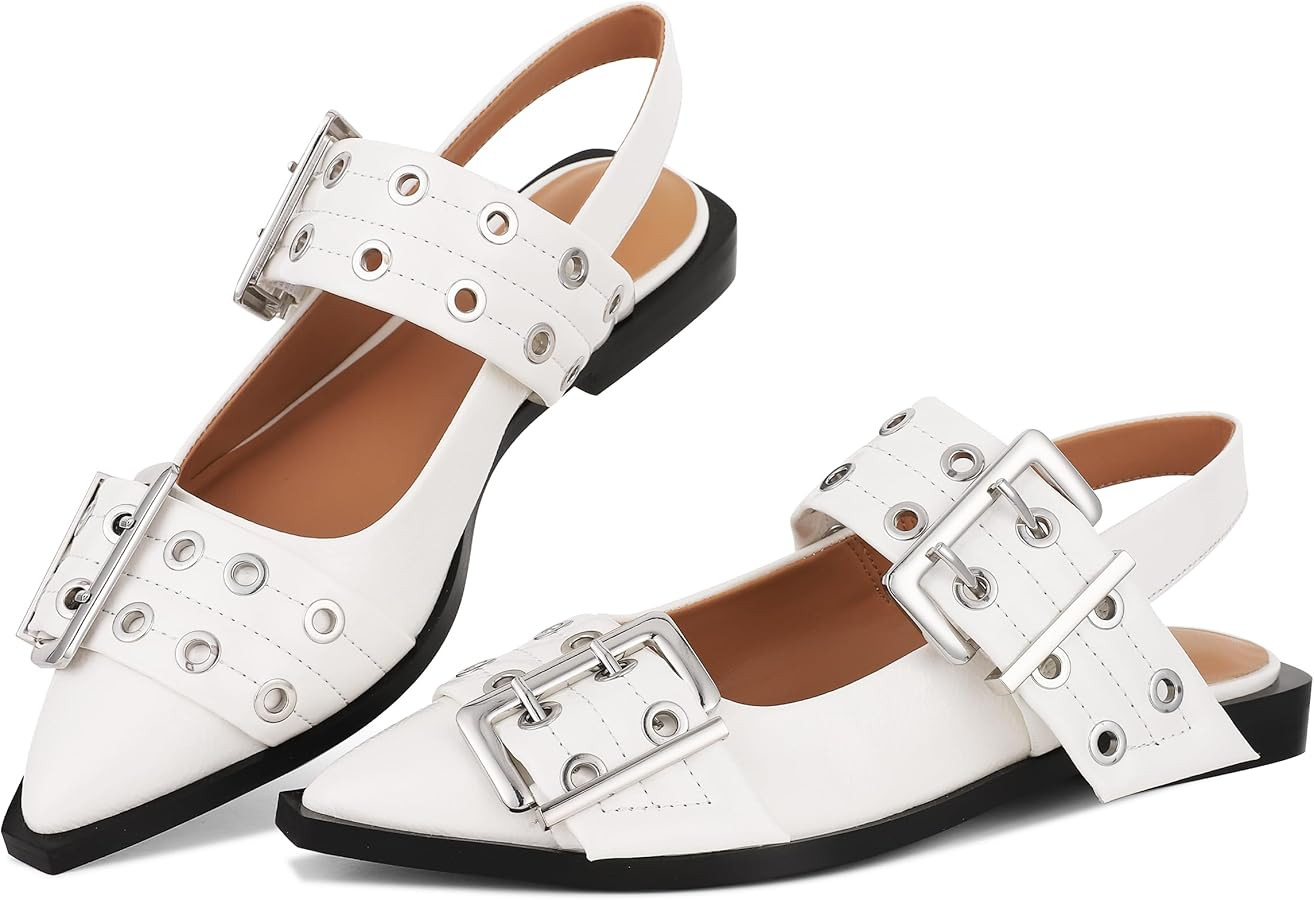 Uacllcau Buckle Ballet Flats for Women Wide Welt Stud Slingback Flats Pointed Toe Adjustable Ankl... | Amazon (US)