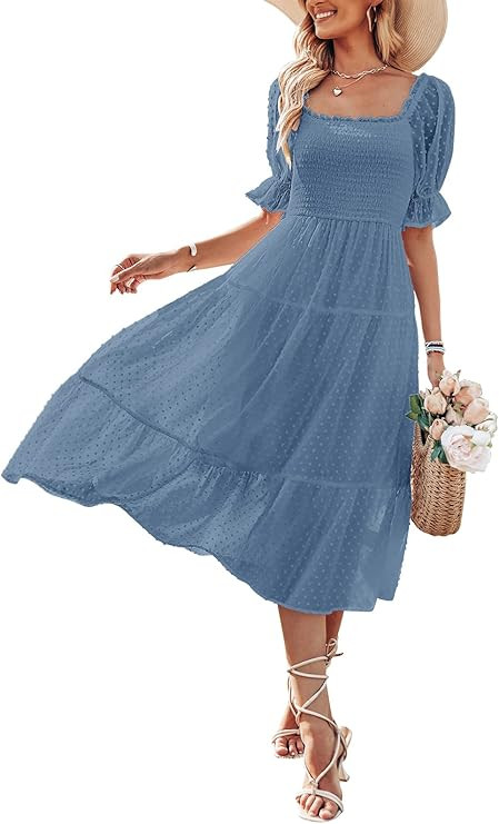 MEROKEETY Women's Summer Square Neck Puff Sleeve Boho Midi Dress Swiss Dot Ruffle Flowy Tie Back ... | Amazon (US)