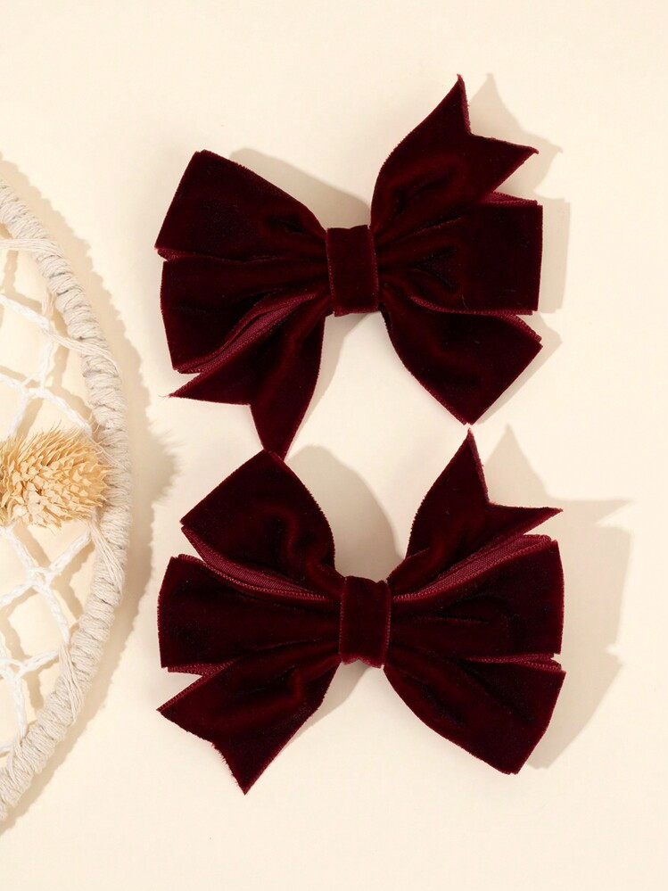2pcs Velvet Hair Bows For Girls Solid Color Bow Alligator Clips Red Bow Hair Clips Solid Color Fall Winter Barrettes New Year Gift For Kids Elegant Hairpins Holiday Party Headpiece Kids Baby Hair Accessories | SHEIN