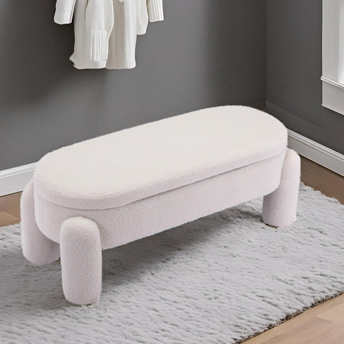 LukeAlon Cute Sherpa Shoe Bench with Storage, Upholstered 45" Wide Entryway Bench with Solid Wood... | Amazon (US)