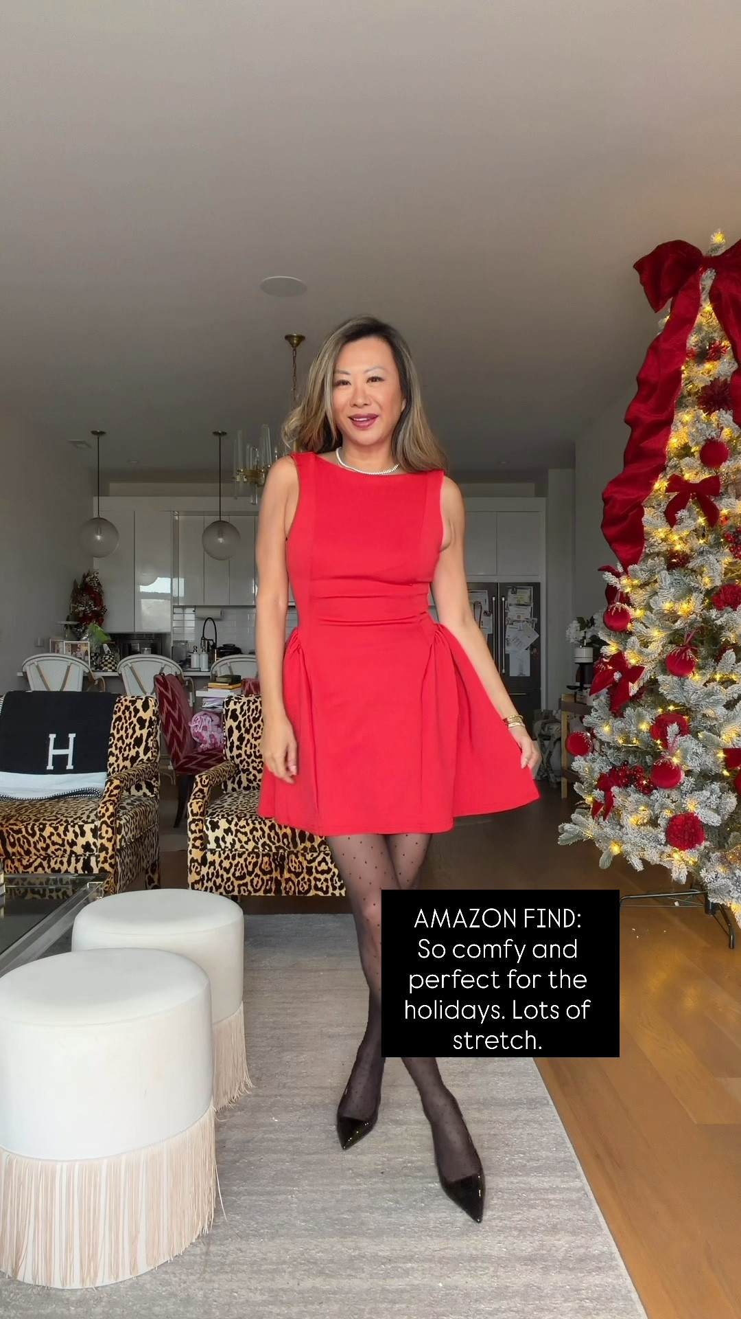 Red holiday flare knit Amazon dress. Size small. Polka dot  nylons and Amazon pumps 

#LTKHoliday #LTKFindsUnder100