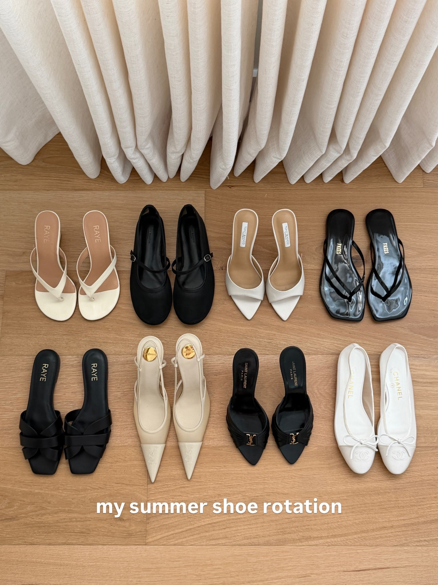 I have a thing for b&w shoes ✨
.
.
Summer shoe rotation, ysl pumps, ballet flats, raye, tony bianco, chanel ballet flats, summer sandals