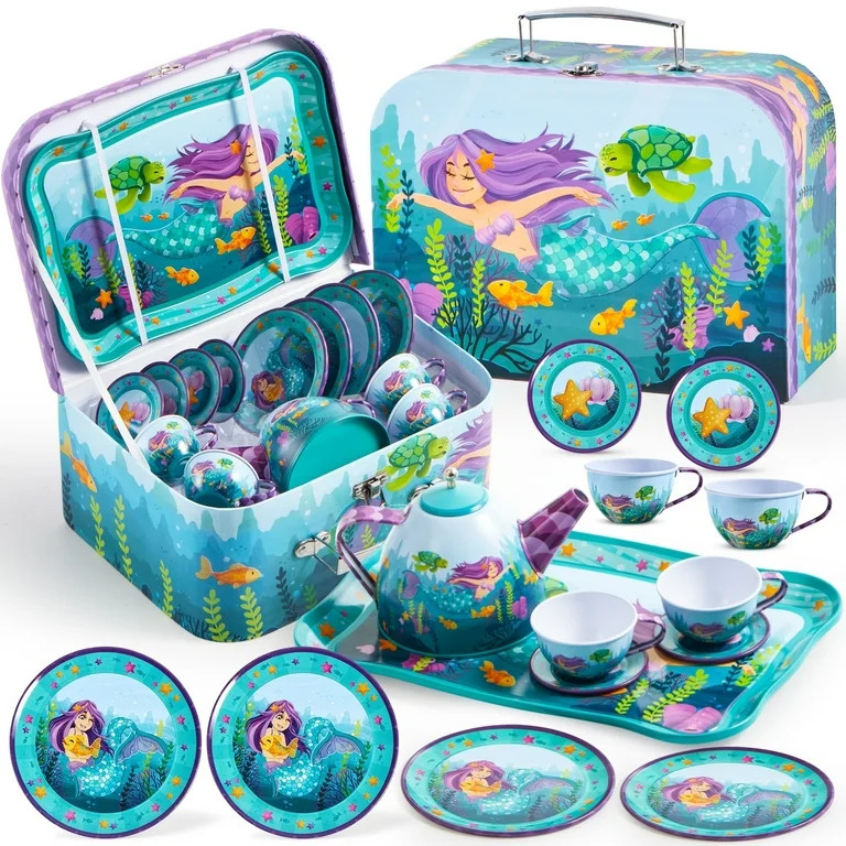 Joyfy Mermaid Tea Party Set for Girls, Pretend Tin Teapot Set with Teapot, Cups, Plates, Carrying... | Walmart (US)