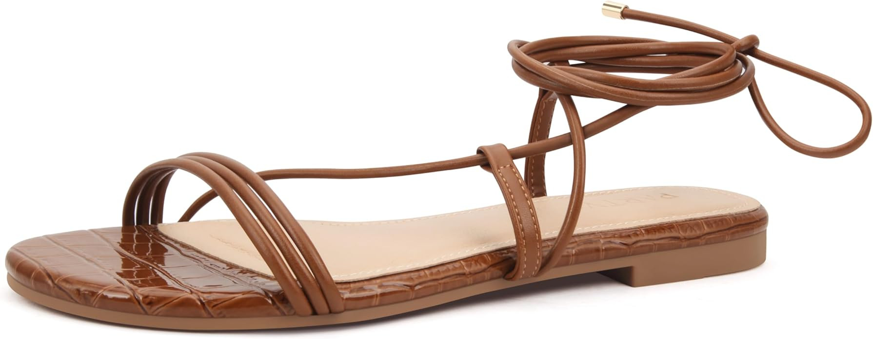 PARTY Women's Strappy Sandals Lace Up Flats Tie Up Open Toe Ankle Strap Shoes | Amazon (US)