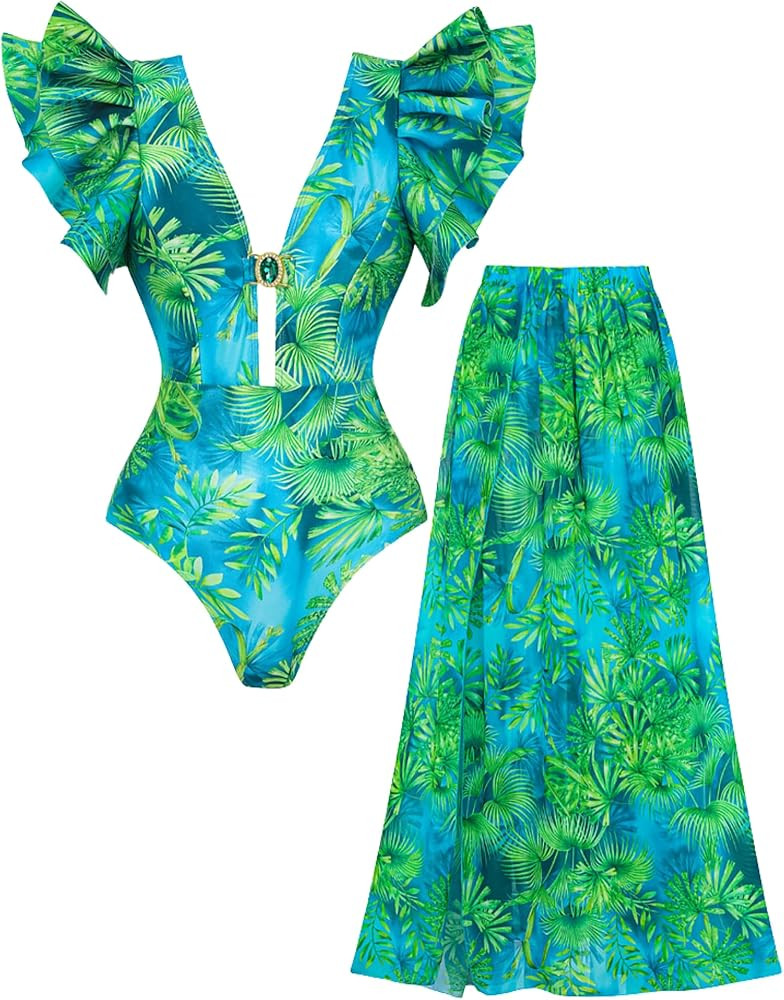 FLAXMAKER Ruffle Blue and White Porcelain Pattern Majolica Print One Piece Swimsuit and Skirt/Sar... | Amazon (US)