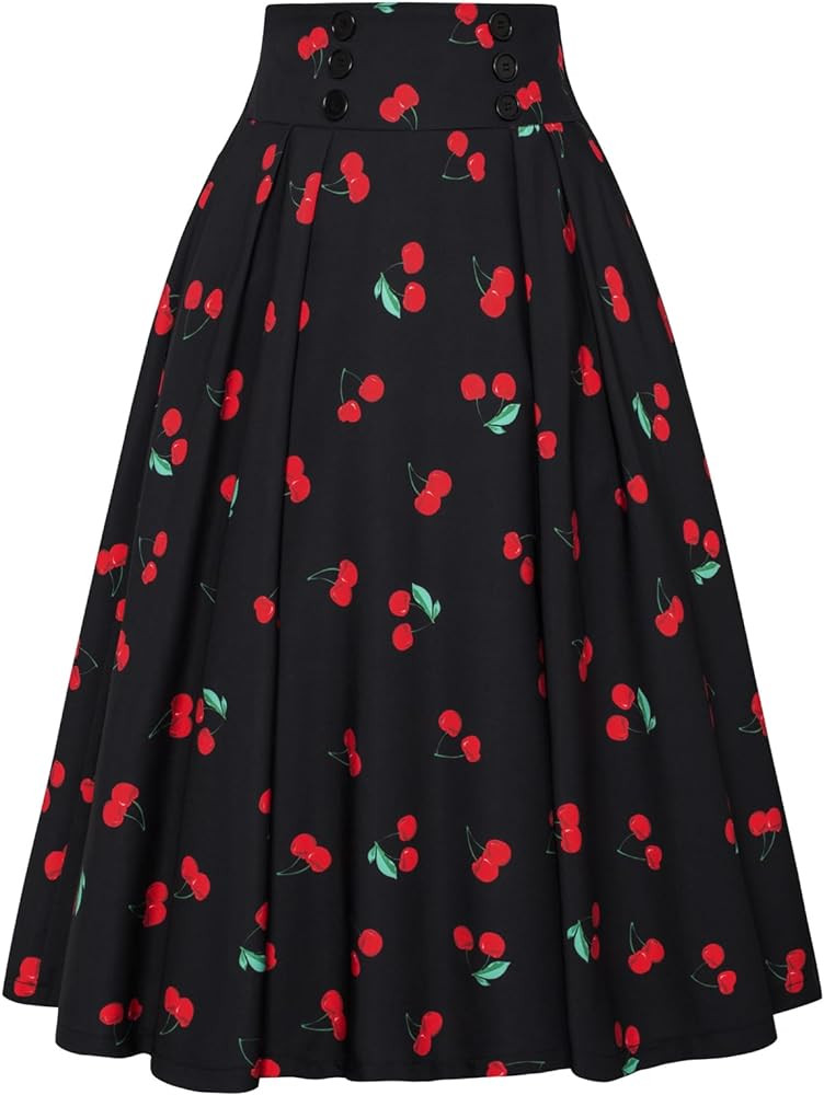 Belle Poque Women's Vintage High Waist Pleated Midi A-Line Skirt with Pockets | Amazon (US)