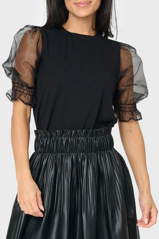 Organza Puff Sleeve Soft Ponte Top | Gibson