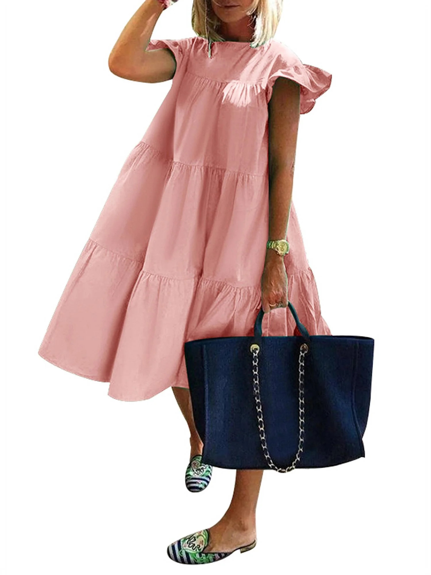 VONDA Women's Crew Neck Casual Short Sleeve Ruffle-Trim Summer Mini Dresses | Walmart (US)