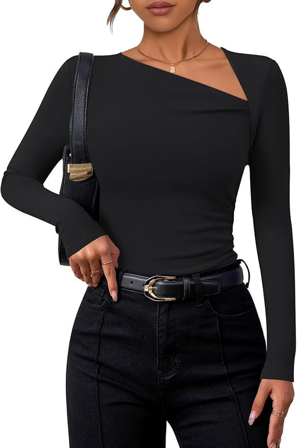 ZESICA Women's Long Sleeve Tops 2024 Fall Asymmetrical Neck Slim Fitted Sexy Y2K Knit Shirts Clot... | Amazon (US)