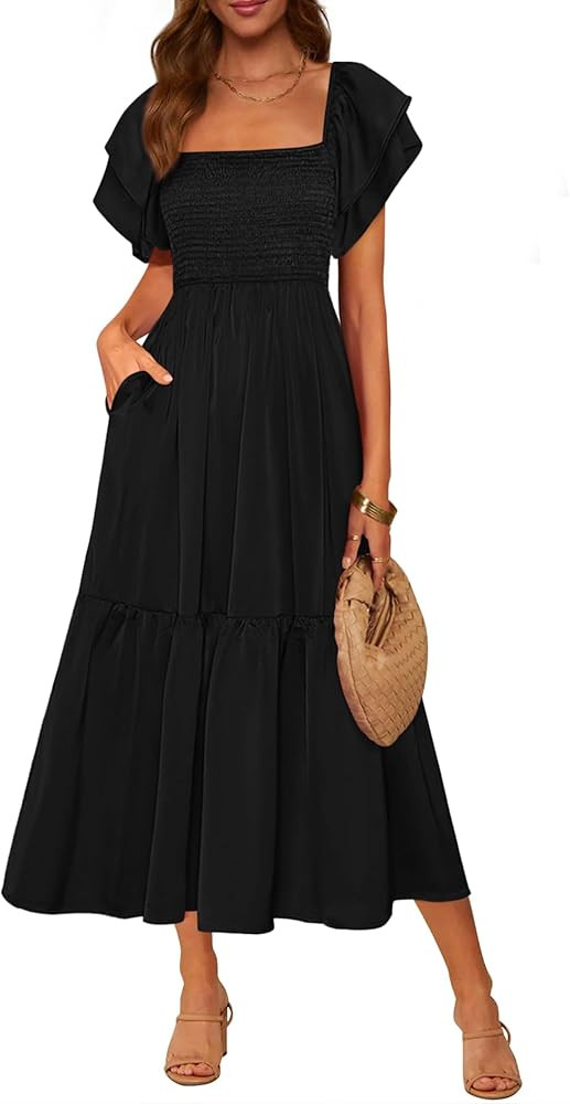 MASCOMODA Womens Summer Casual Midi Dress Square Neck Ruffle Short Sleeve Smocked High Waist A Li... | Amazon (US)