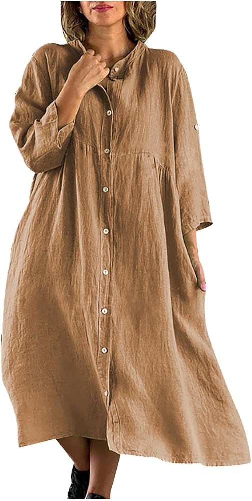 Women's Casual Crewneck Button Down Cotton Linen Dress Rolled Short Sleeve Midi Length Loose Flow... | Amazon (US)