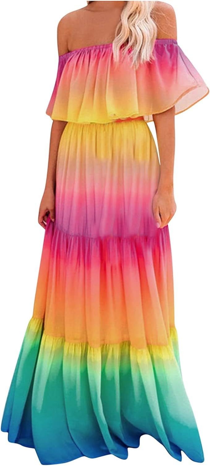 Iusun Women Long Maxi Dresses Sleeveless Bohemian Rainbow Print Off Shoulder Summer Ruffle Hem Ti... | Amazon (US)