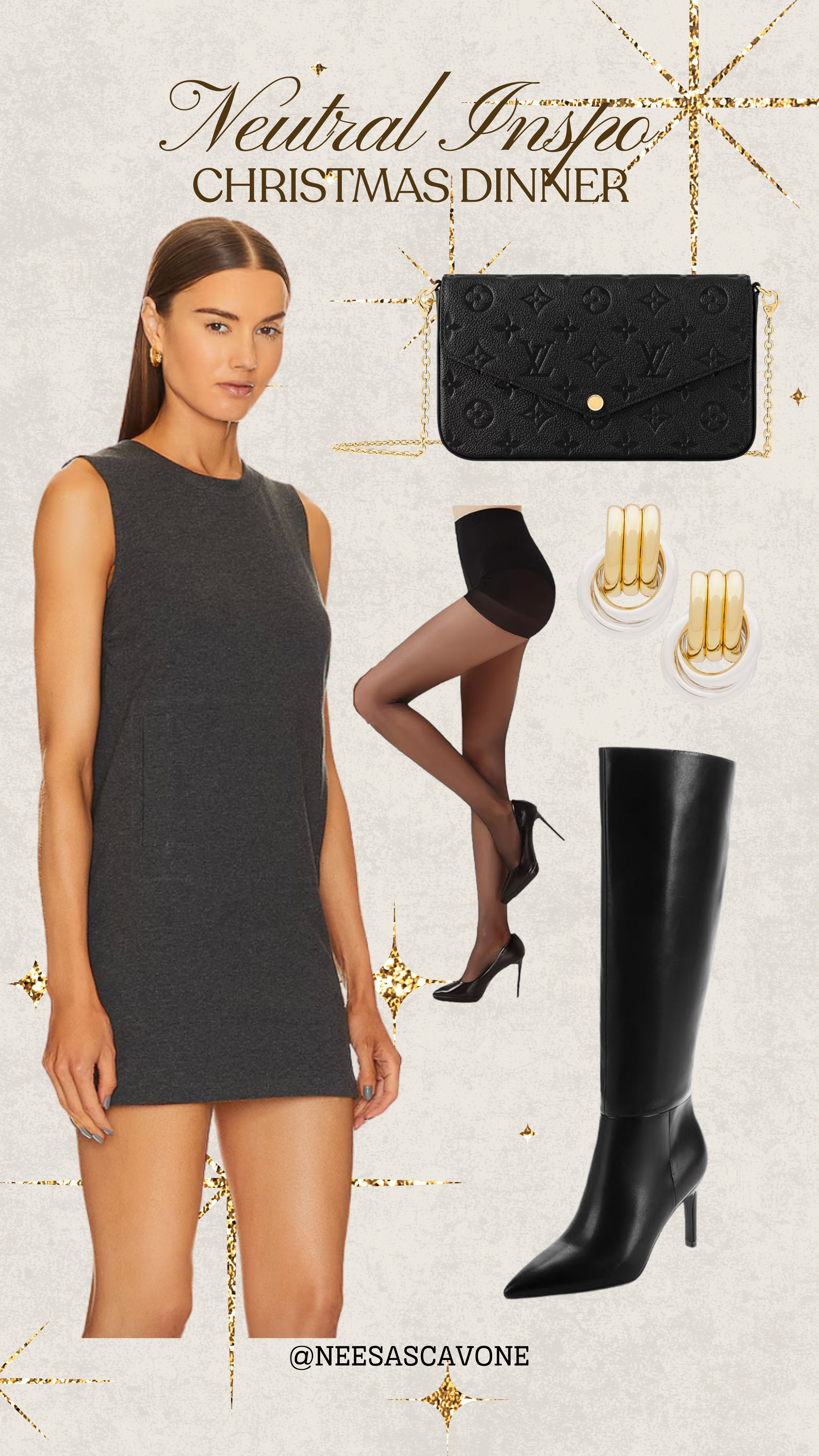 Order today to receive in time for Christmas Eve! 

Neutral Christmas dinner outfit that feels chic, timeless, and effortless 🤍 A little black mini dress styled with sheer tights, knee-high black boots, gold statement earrings, and a classic black chain bag—perfect for holiday dinners, date night, or Christmas Eve celebrations. Simple neutrals always win.

#NeutralChristmas #HolidayDinnerOutfit #ChristmasOutfitInspo #LittleBlackDress #NeutralHolidayStyle #LTKStyle #LTKUnder100 #HolidayFashionInspo #ChristmasDinnerLook #WinterOutfitInspo #ChicHolidayStyle #NeutralOutfitInspo #BlackAndGoldStyle #DressyHolidayLook #ClassicStyle #WomenOwnedStyle #HolidayDateNight #TimelessStyle #MinimalHoliday 

  

#LTKHoliday #LTKHoliday #LTKgrwm #LTKFindsUnder100