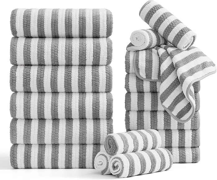 Smuge 18 Pcs Bath Towel Set, Include 6 Bath Towel Sheets, 6 Hand Towels and 6 Washcloths - Highly... | Amazon (US)