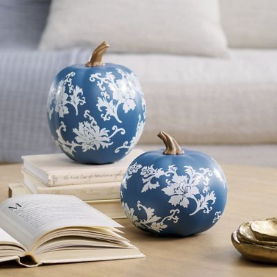 Harvest Blue Floral Pumpkins, Set of Two | Grandin Road | Grandin Road