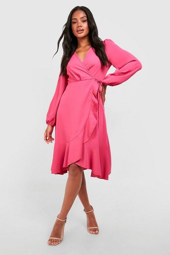 Crepe Ruffle Wrap Midi Skater Dress | Boohoo.com (US & CA)