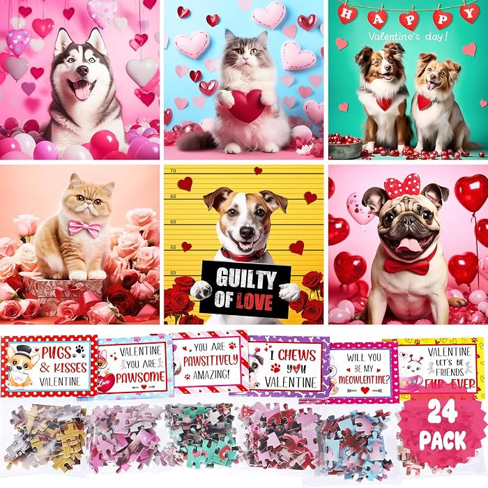 Valentines Day Gifts for Kids - 24 Packs Cat Dog Jigsaw Puzzles Toy with Kids Valentines Day Card... | Amazon (US)