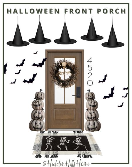 Halloween Front Porch, Halloween home decor Inspo, Halloween fall wreath, Halloween doormat, witch hats, spiders, bats #halloween #doormat #LTKHalloween #fall 

#LTKhome #LTKsalealert #LTKSeasonal