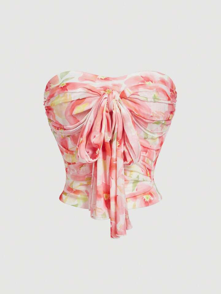 SHEIN MOD Trägertop Mit Blume Muster, Twist-Vorderseite Und Bindedetail, Crop-Schnitt | SHEIN