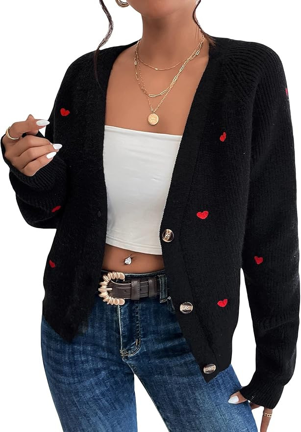 Verdusa Women's Heart Embroidery Button Front Long Sleeve Knit Cardigan Sweater | Amazon (US)