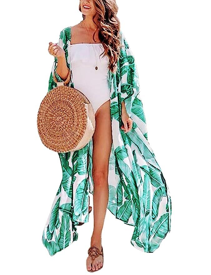 QIUYEJUO Women's Swimsuit Striped Beach Cover Up Chiffon Long Kimono Floral Print Cardigan Bathin... | Amazon (US)