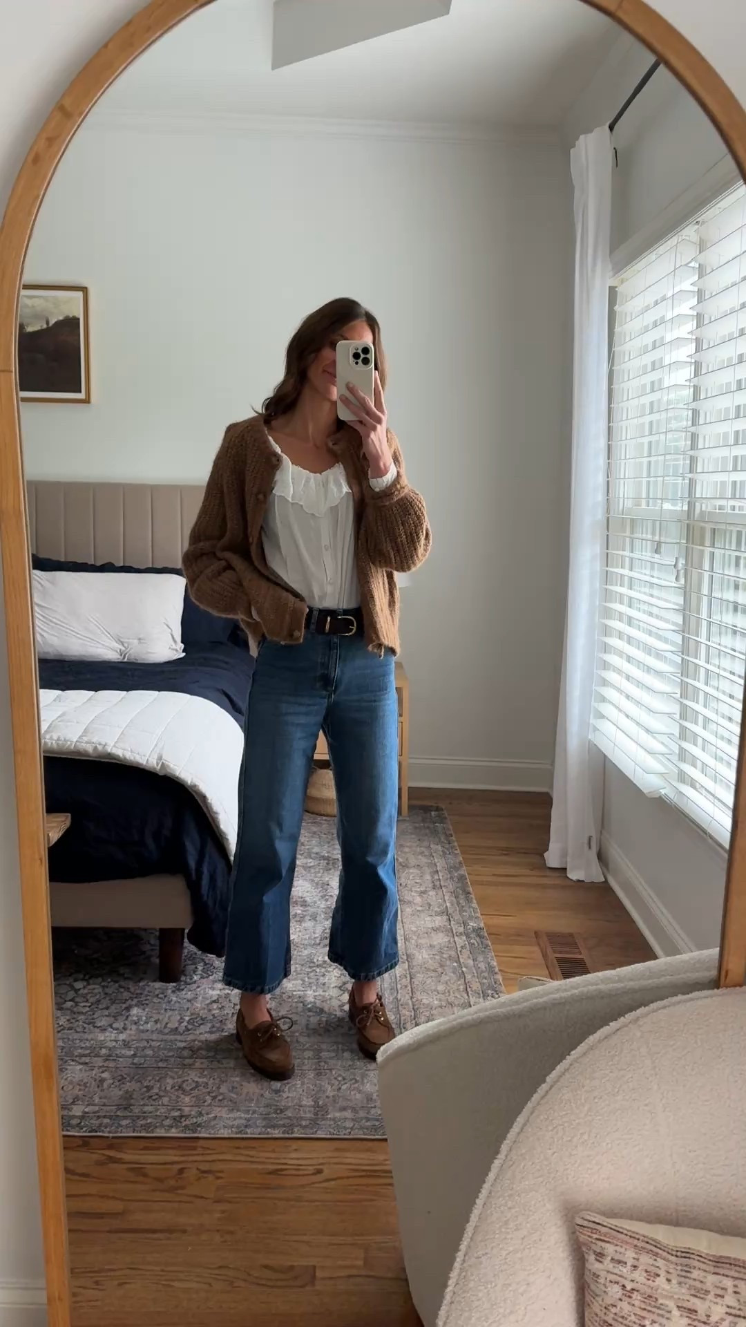 Sunday fit check. Loafers cardigan and ruffle shirt  