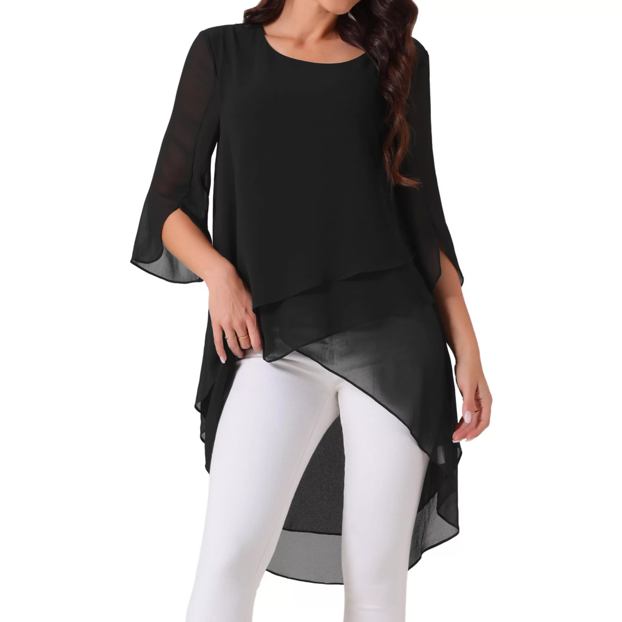 Women's High Low Tops Scoop Neck Chiffon Blouse Asymmetrical Loose Shirt 3/4 Sleeve Casual Tops | Kohl's