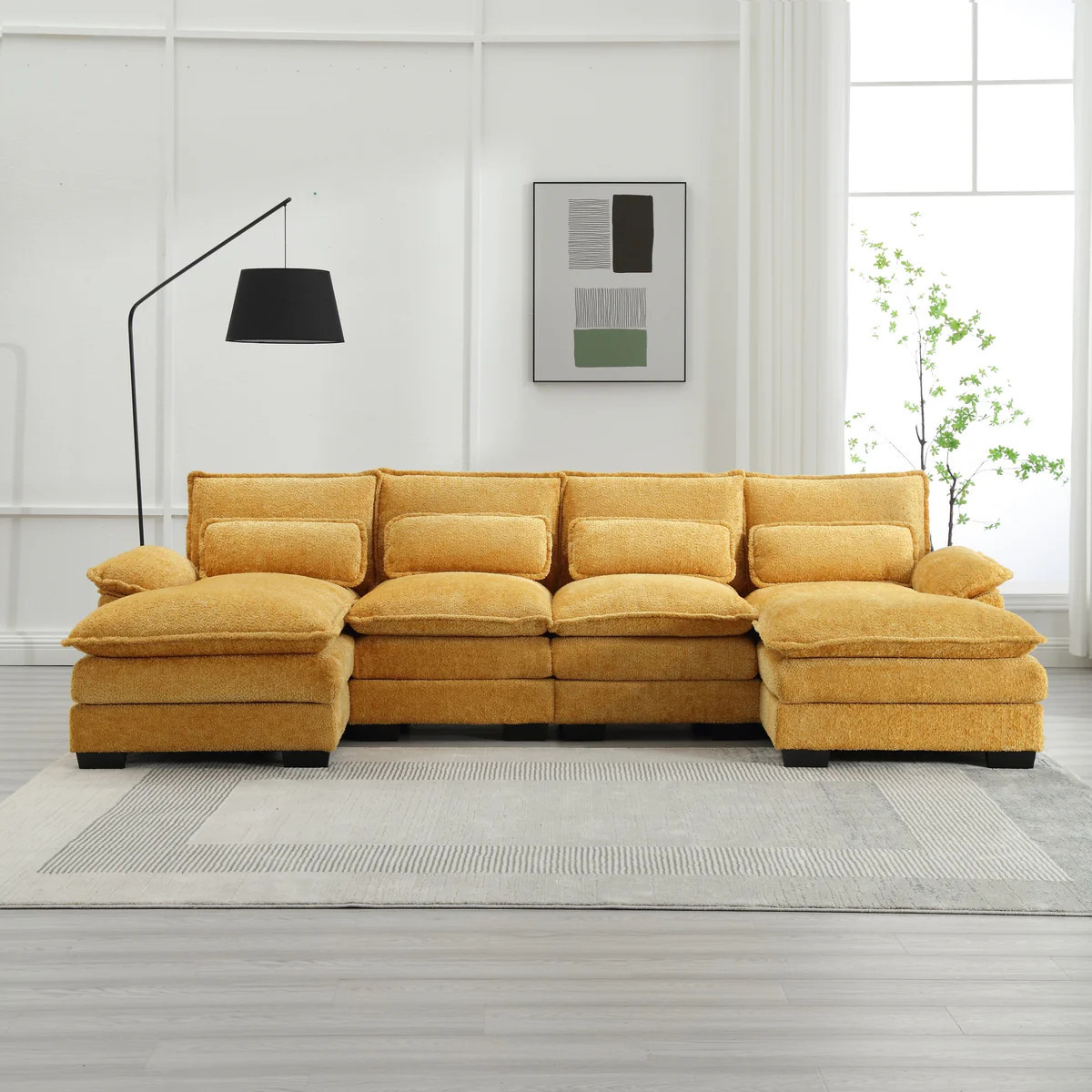 Chenille Upholstered U-Shaped Living Room Sectional Sofa With Wooden L | Overstock