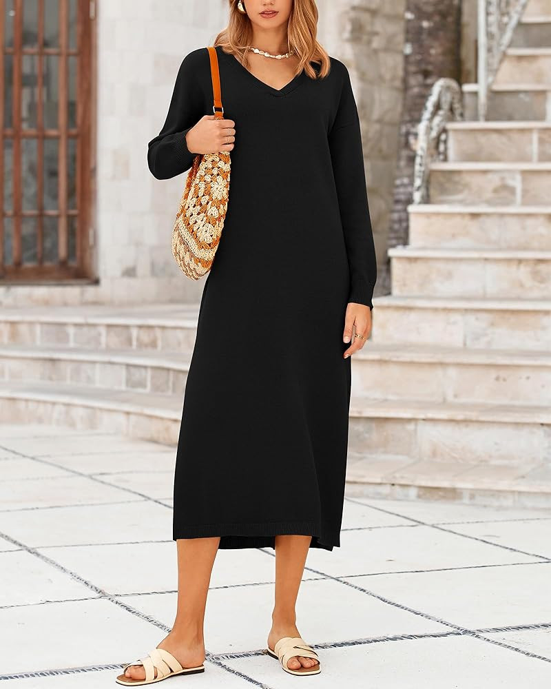 BTFBM Womens Fall Fashion 2025 Sweater Dress Casual V Neck Long Sleeve Slit Knit Oversized Sweate... | Amazon (US)