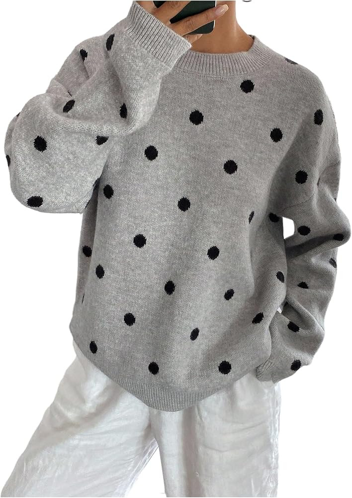 Verdusa Women's Polka Dots Cozy Sweaters Oversized Pullover Knit Tops Fall Fashion | Amazon (US)