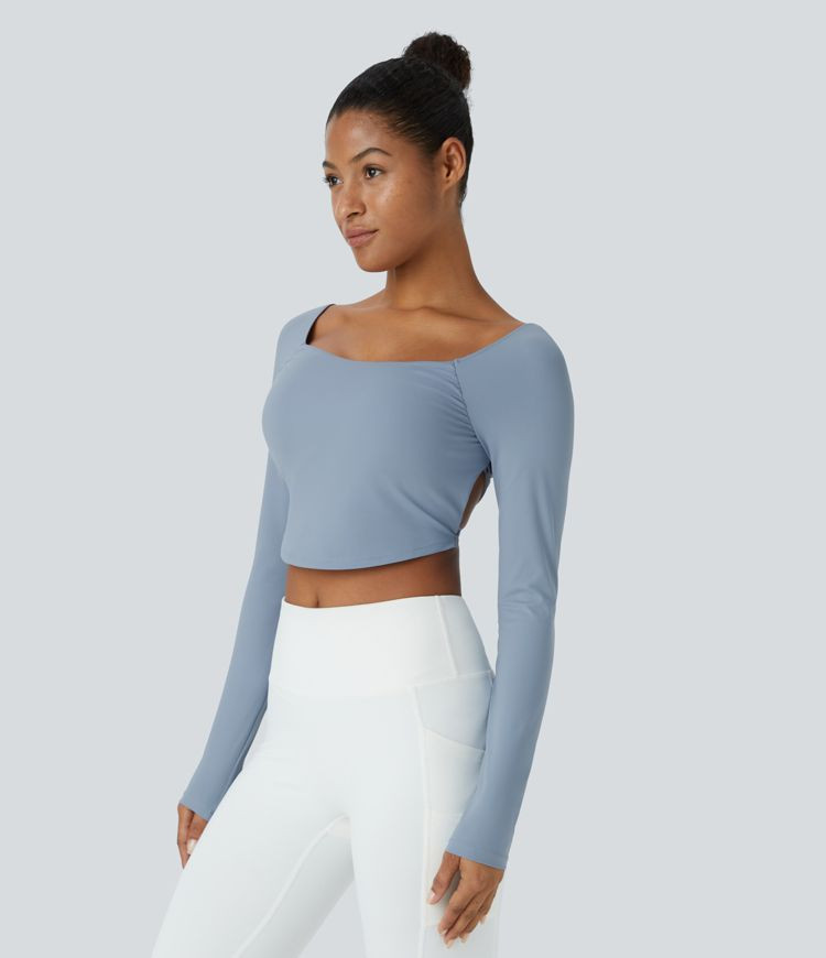 Women’s Backless Crisscross Lace Up Long Sleeve Curved Hem Cropped Yoga Sports Top - Halara | HALARA