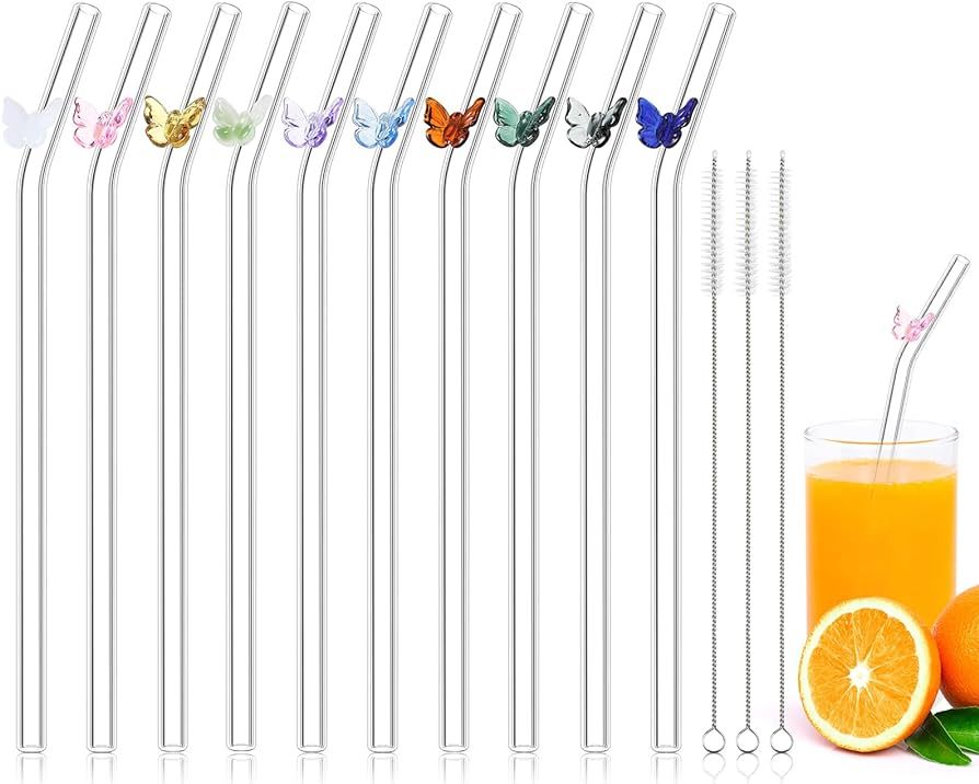 Glass Straws with Design,10 Pcs Reusable Glass Straw 8 mm x 7.9 Inch Colorful Butterfly on Clear ... | Amazon (US)