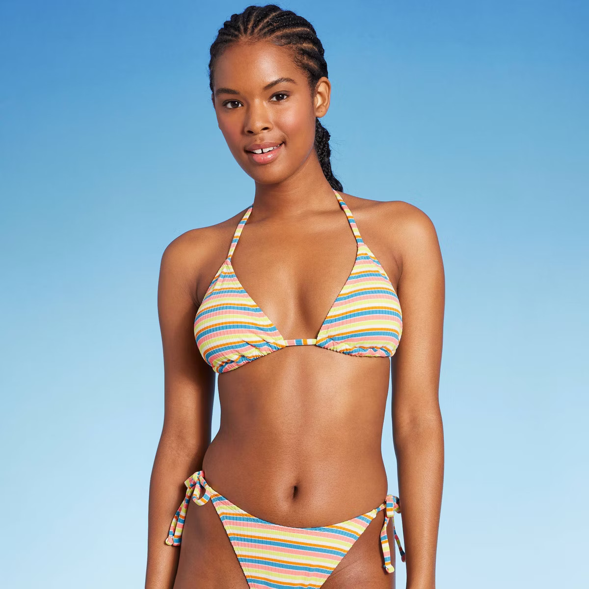 Women's Ribbed Triangle Bikini Top - Wild Fable™ Blue/Green/Pink Striped | Target