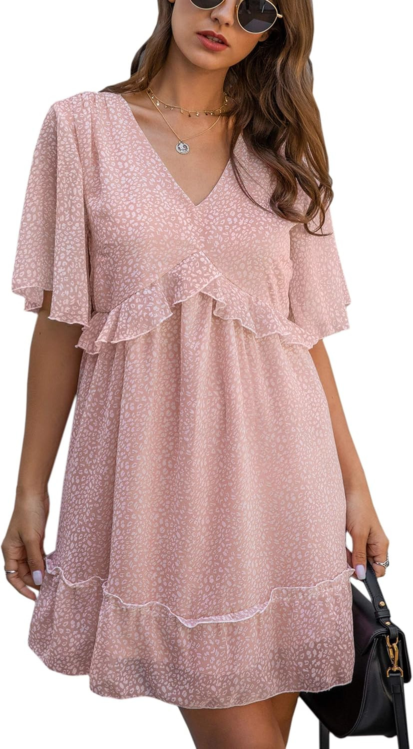 ECOWISH Womens Dress V Neck Ruffle Floral Printed Swing Summer Short Sleeve Sundress Casual Mini ... | Amazon (US)