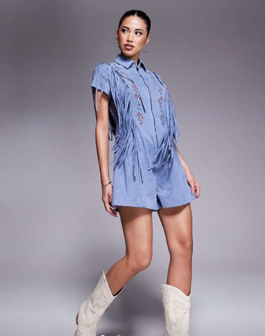 Channel effortless western boho vibes in this dusky blue suedette romper from ASOS DESIGN 💙✨ Featuring floral embroidery, a spread collar, short sleeves, zip front, and playful fringe trim, this one-piece is perfect for festival season, road trips, and laid-back summer days. With its soft suede-look fabric and relaxed fit, it’s the ultimate statement romper for free-spirited style lovers.

#LTKSeasonal #LTKFindsUnder100 #LTKSummerEdit