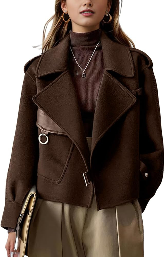 chouyatou Women's Business Casual Wool Coat Suit Top Open Front Loose Dressy Blazer Jacket Trench... | Amazon (US)