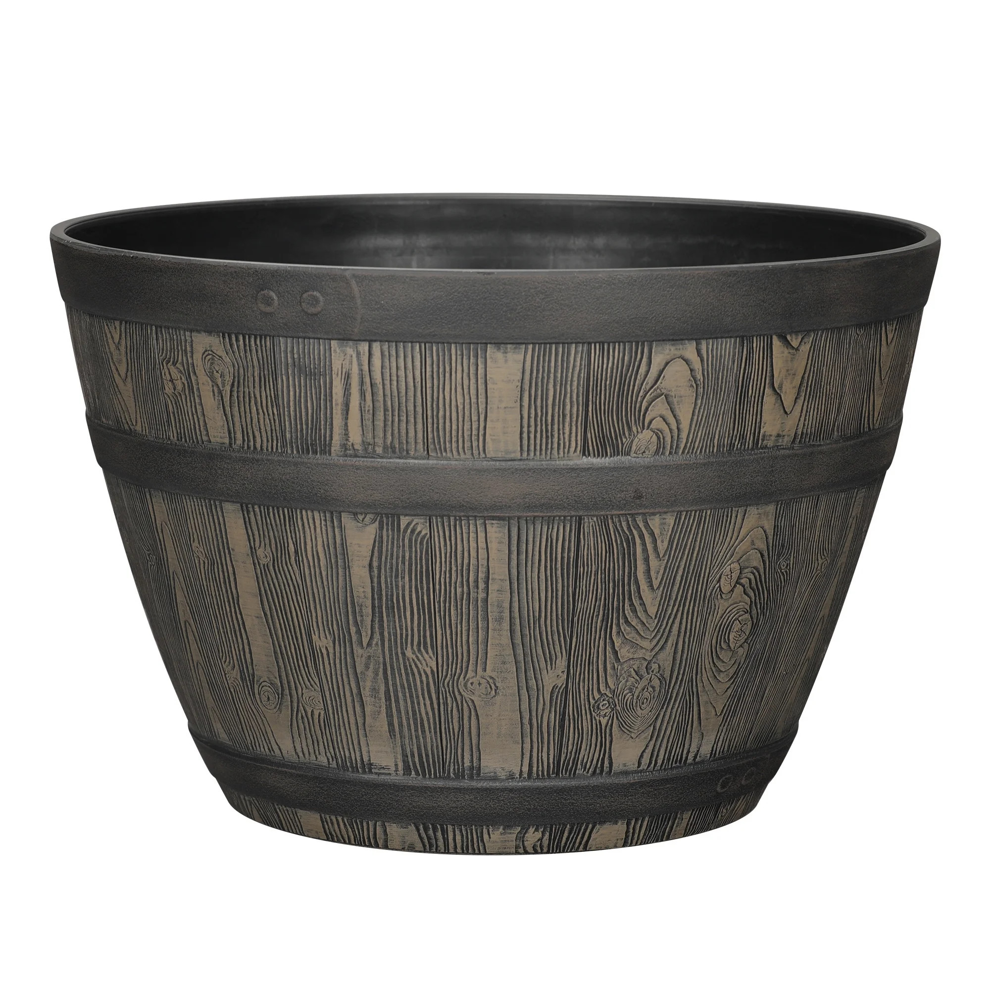 Better Homes & Gardens Whiskey Barrel Brown Resin Planter, 19.9in x 19.9in x 13in | Walmart (US)