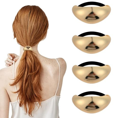 4pcs Gold Hair Ties for Thick Hair Geometric Metal Hair Ties Hair Cuffs for Ponytails,Elastic Hair Ties Fashion Glossy Arch Ponytail Hair Tie for Women Hair Accessories(Single arc) | Amazon (US)