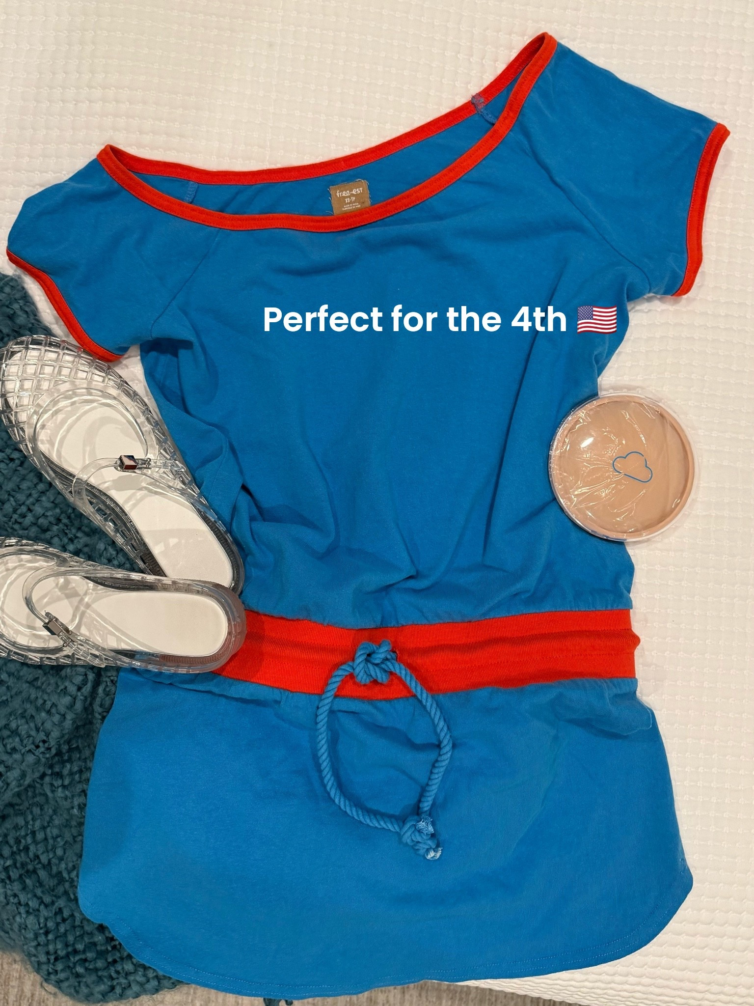 A fav Free People dress that’s on sale - love the blue with red trim for summer 🇺🇸 Styled with clear jelly shoes and showing with nipple covers (dress can be worn off the shoulder). I wear size xs in this dress. Sharing some cute accessories to go with this look.

#LTKootd #LTKgrwm #LTKSeasonal