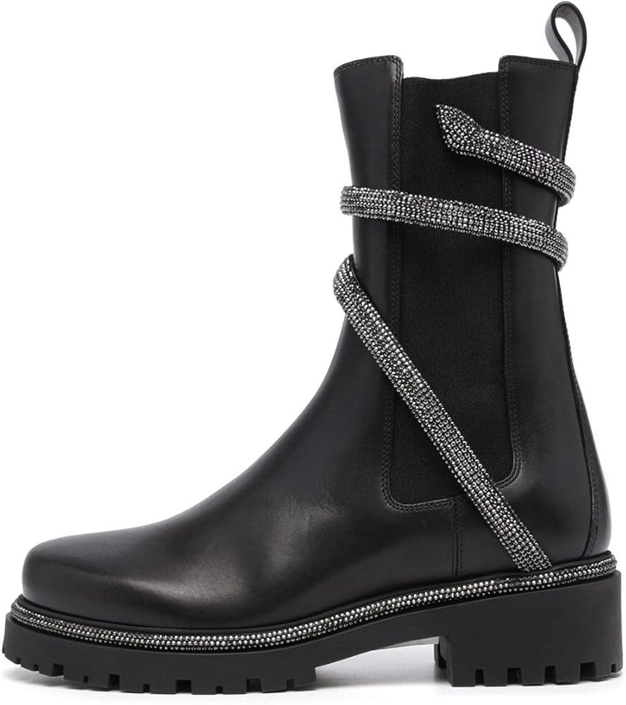 keleimusi Women's Crystal Embellished Ankle Wrap Chelsea Combat Booties with Flat Lugs | Amazon (US)