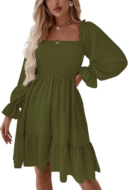 LYANER Women's Square Neck Lantern Long Sleeve Ruffle Shirred Flowy Party Mini Dress | Amazon (US)